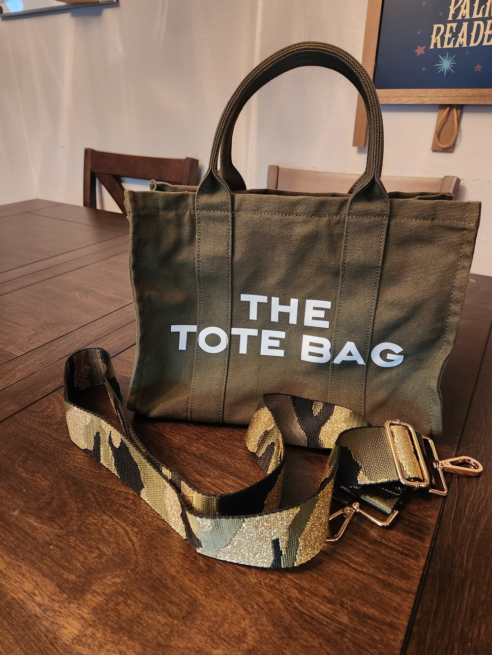 The Tote Bag Olive Canvas Tote with Camouflage Strap 12x9x5 - Picture 2 of 8